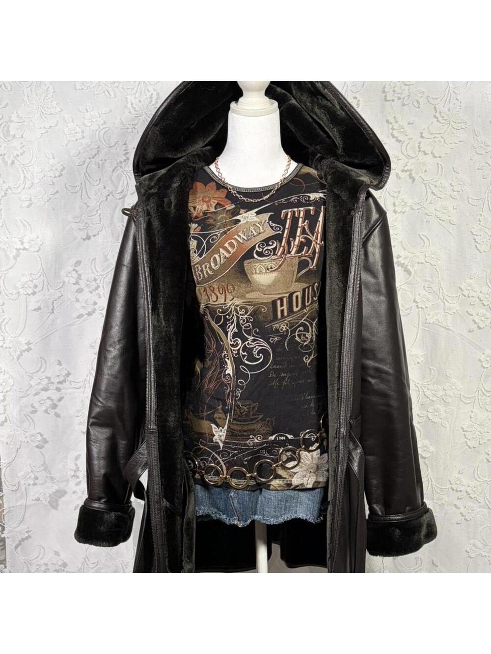 LEATHER MAN Hooded Genuine Leather Shearling Jacket Y2K Brownish Black